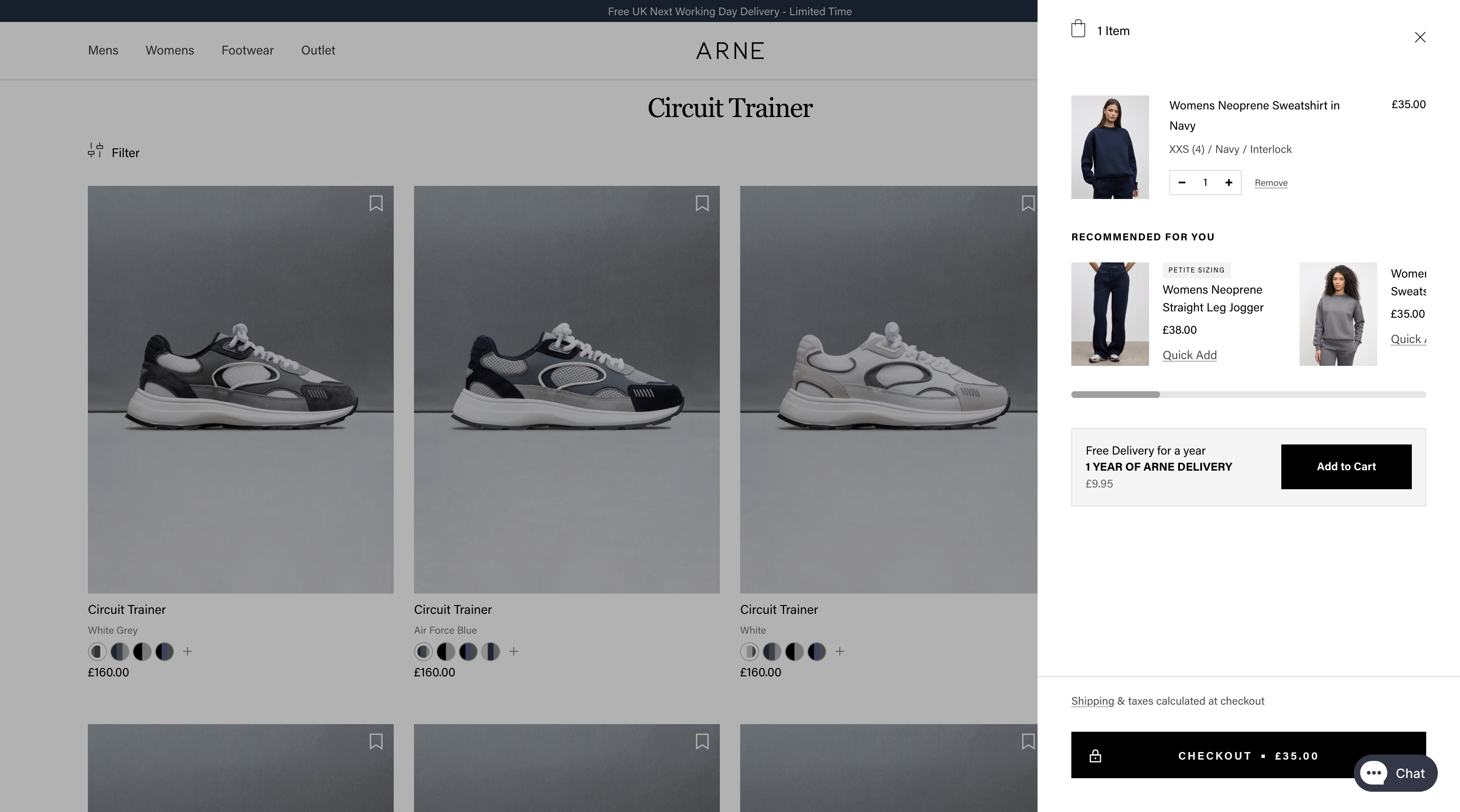 Arne Circuit Trainer collection page with mini cart open